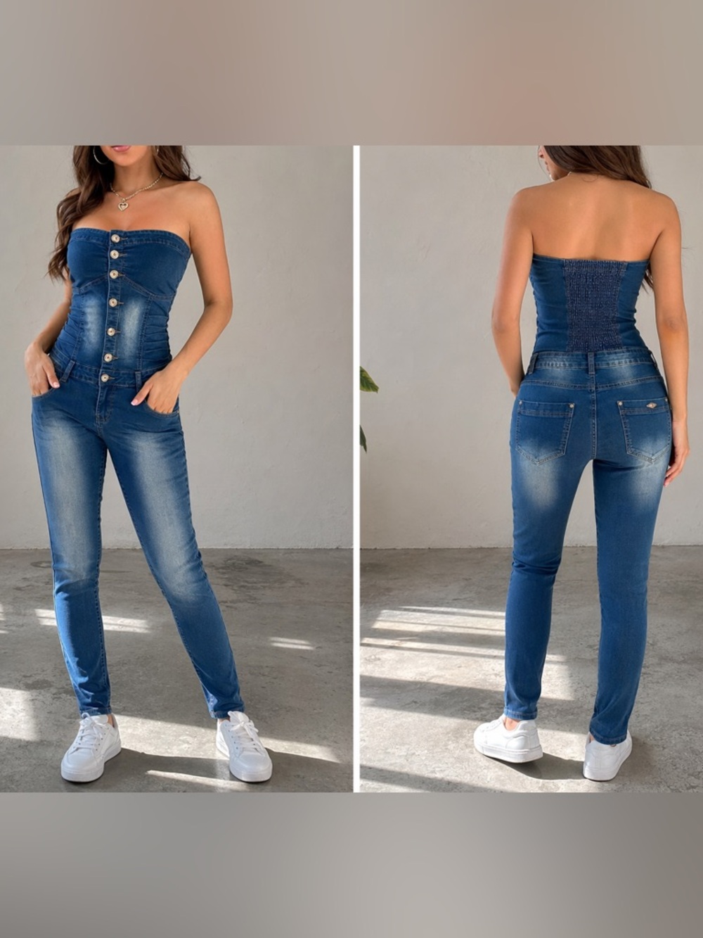 G-Smack Strapless Denim Jumpsuit Women M 38 Blue Stretch Skinny Button Front NWT